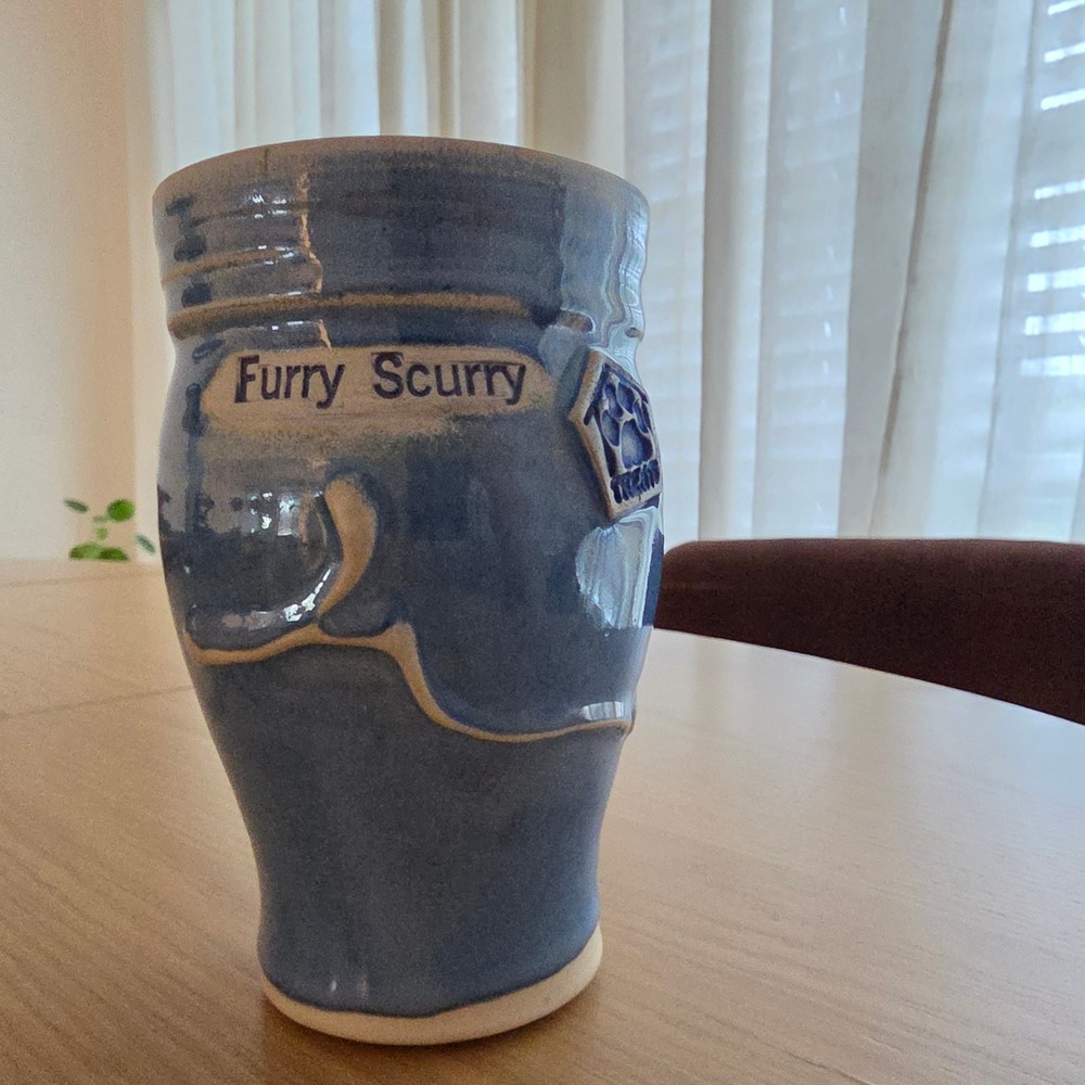 Furry Scurry Handmade Pottery Mug Signed Buchner Stoneware Dogs Rustic Blue